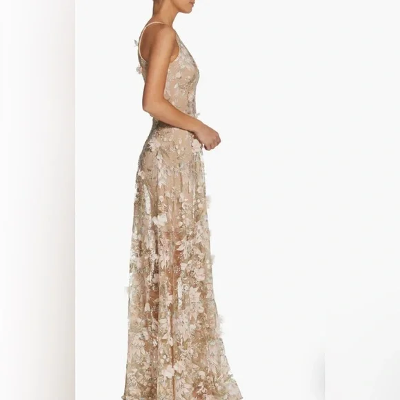 DRESS THE POPULATION NWT SIDNEY DEEP V NECK 3D LACE GOWN PINK